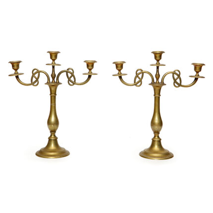 Vintage çift pirinç şamdan, üç kollu dekoratif brass candle holder